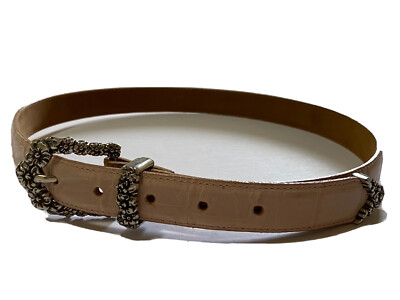 BRIGHTON Pink Embossed Croc Leather Belt Silver Flower  display picture 2