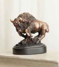 Ebros Western Charging American Bison Small Bronze Patinated Resin Statue