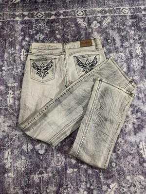 Machine Jeans Low Rise 28x32 Distressed Straight Leg Dark Embroidered