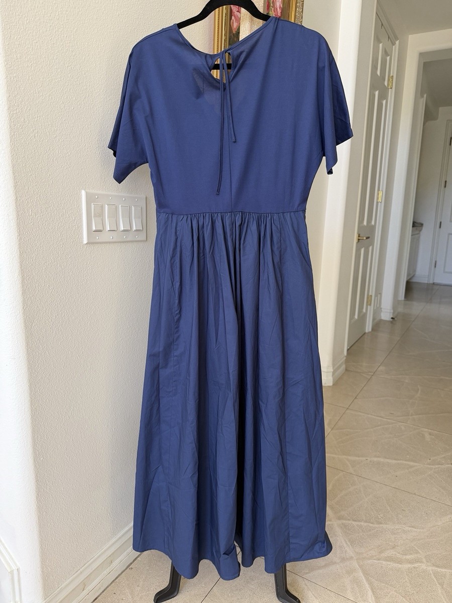 Weekend Max Mara V-Neck Solid Blue Jersey Maxi Dress Tie Back Short Sleeve M View 5