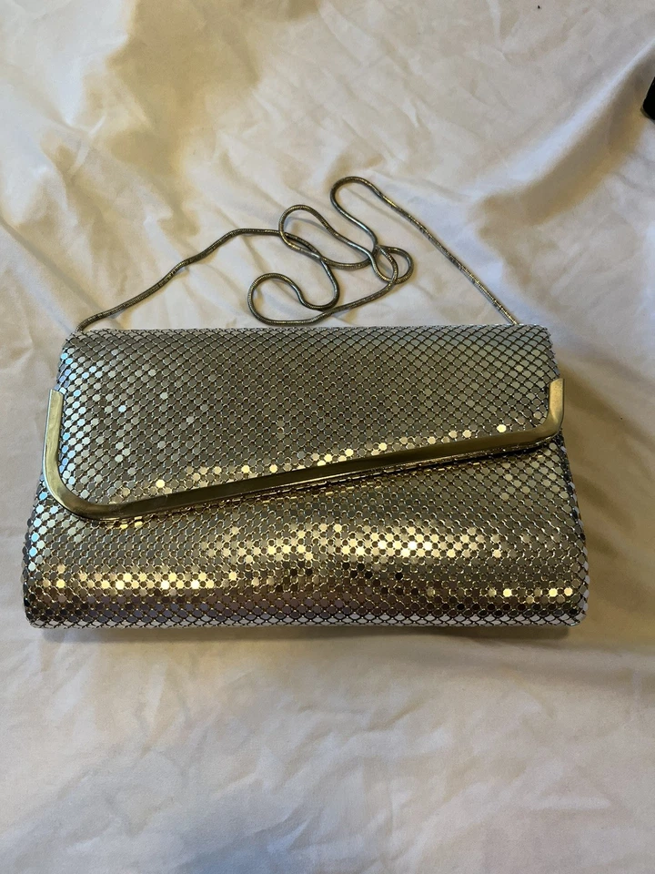 Cartera grande plateada discoteca vintage años 50 bolso sin asas metálico cóctel asimétrico Foto 2 de 4