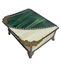Vintage Stained Glass Trinket Jewelry Box Green Cream Lidded 5"x4"x2.5"