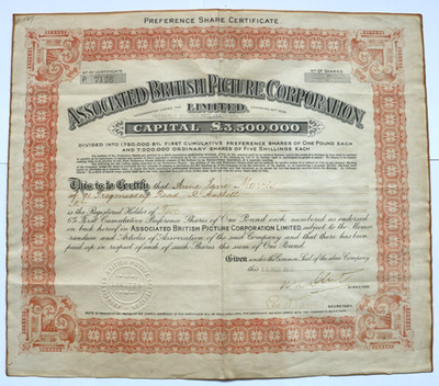Associated British Picture Corporation Limited. Vintage Aktienzertifikat 1934
