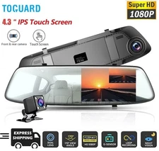 TOGUARD 1080P 4.3"Mirror Dash Camera Dual Lens Front+Rear Car DVR Reversing Cam
