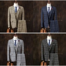 Men's Plaid Suits Slim Suits Formal Wedding Groom Tuxedos Tweed Suit 3 Pieces
