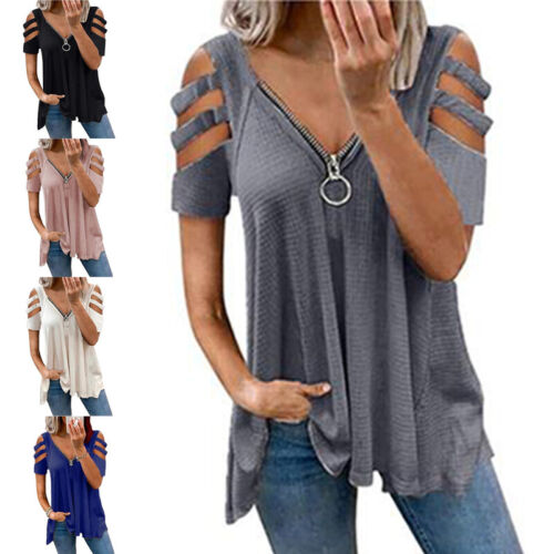 Moda Damska Off Shoulder Dekolt w serek T-shirt Krótki rękaw Bluzki rekreacyjne Topy S-6XL - Zdjęcie 1 z 75