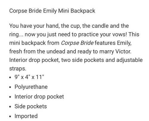 Corpse Bride Blue Emily Mini Backpack Bag Tim Burton Crow Halloween NEW - Picture 5 of 5