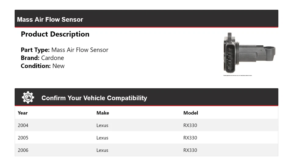 Sensor de flujo de aire masivo Cardone 2005 para Lexus RX330 2004-2006 Foto 2 de 4