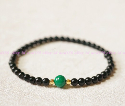 6mm Black Onyx Agate 8mm Green Jade Round Gems Beads Elastic Bracelet 7.5''