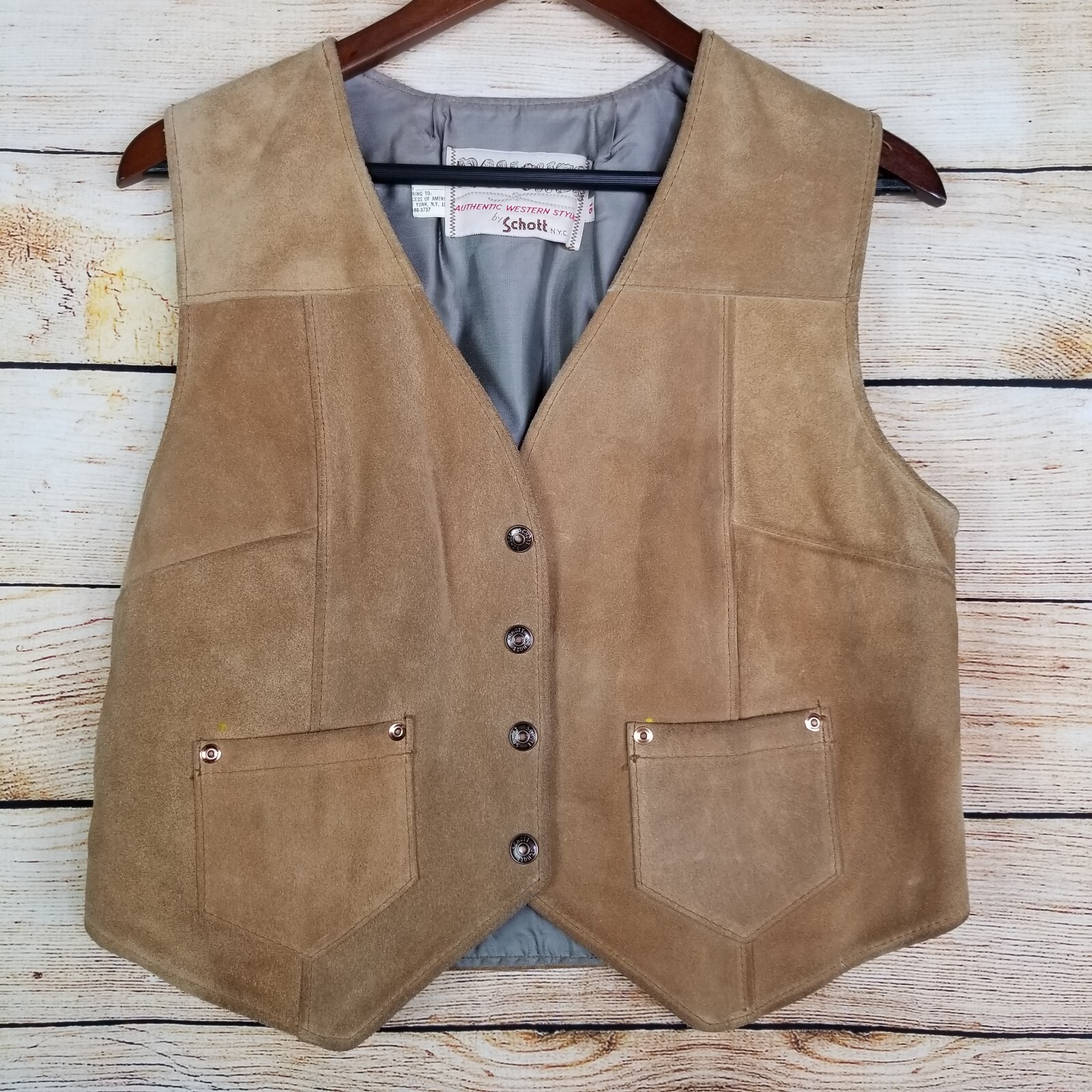 Vintage Schott NYC Rancher Western Suede Leather Vest Brown Youth Size 16 Work