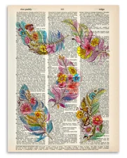 Upcycled Dictionary Art - Floral Feather - 8.5x11 Great Inspiring Gift Under $20