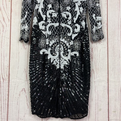 Vintage 80s Size 8 10 American Nights Glass Beaded Sequin Midi Dress Long Sleeve - Picture 13 of 18
