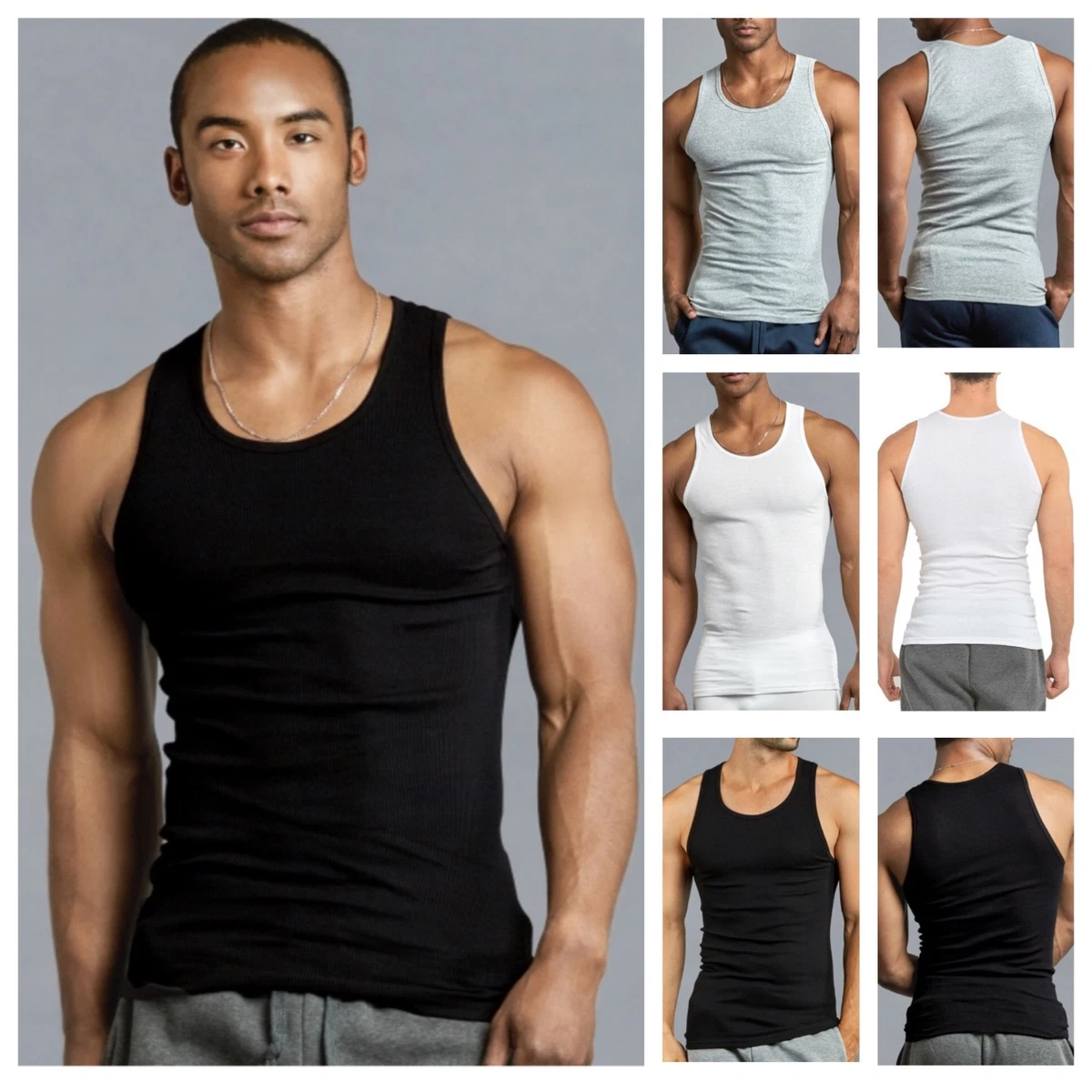 3X Mens A-Shirt 100% Cotton Ribbed Tank Top Undershirt Slim Muscle Tee  White L !