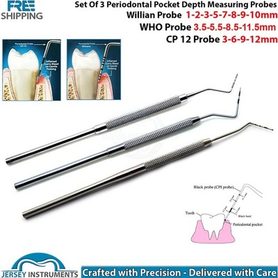 Set of 3 Periodontal Probes Williams Probe WHO CP12 Dental Measuring Instruments