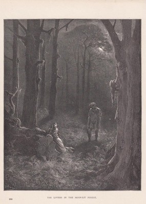 1870 GUSTAVE DORE Druck - ''Die Liebenden im mondbeschienenen Wald'' - 8,5 x 12,8 Zoll