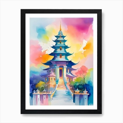 Watercolor Asian Pagoda Art Print Framed Wall Art Poster Canvas Print Picture