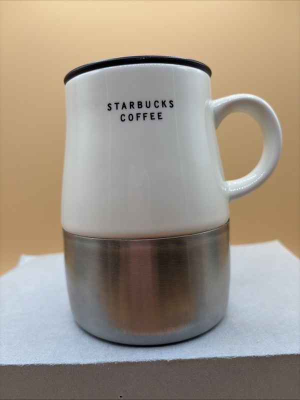 Starbucks 2004 White Ceramic & Stainless Base and Non-Skid Bottom With Lid 14oz