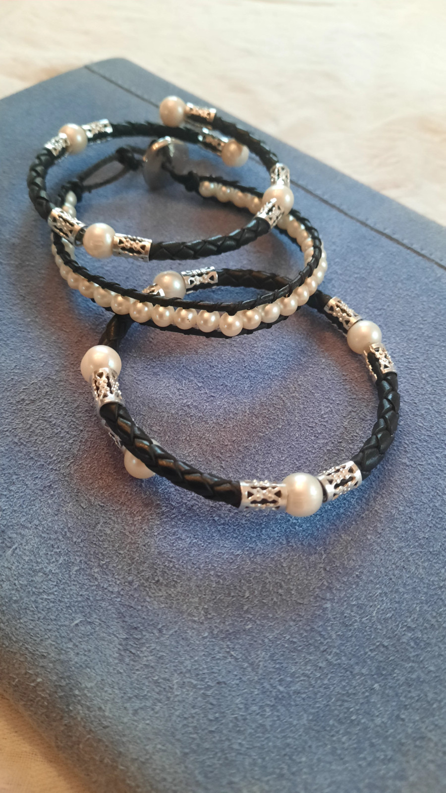 stackable bracelet set, black leather, silver, pe… - image 1