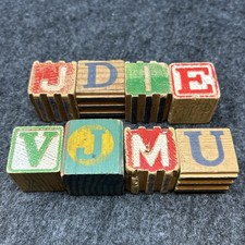 Old Notched Wood Alphabet Blocks 8pc Set Toy Numbers Animals Educational Crafts