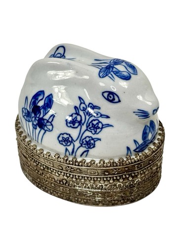 Vintage Blue & White Porcelain Rabbit Trinket Box With Ornate Metal Base