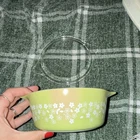 Vintage Pyrex Spring Blossom Crazy Daisy 1 Cup Casserole Dish w/ Clear Lid Green