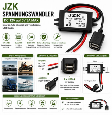 Spannungswandler DC 12V auf 5V 3A Buck Converter mit Dual USB für Auto Motorrad