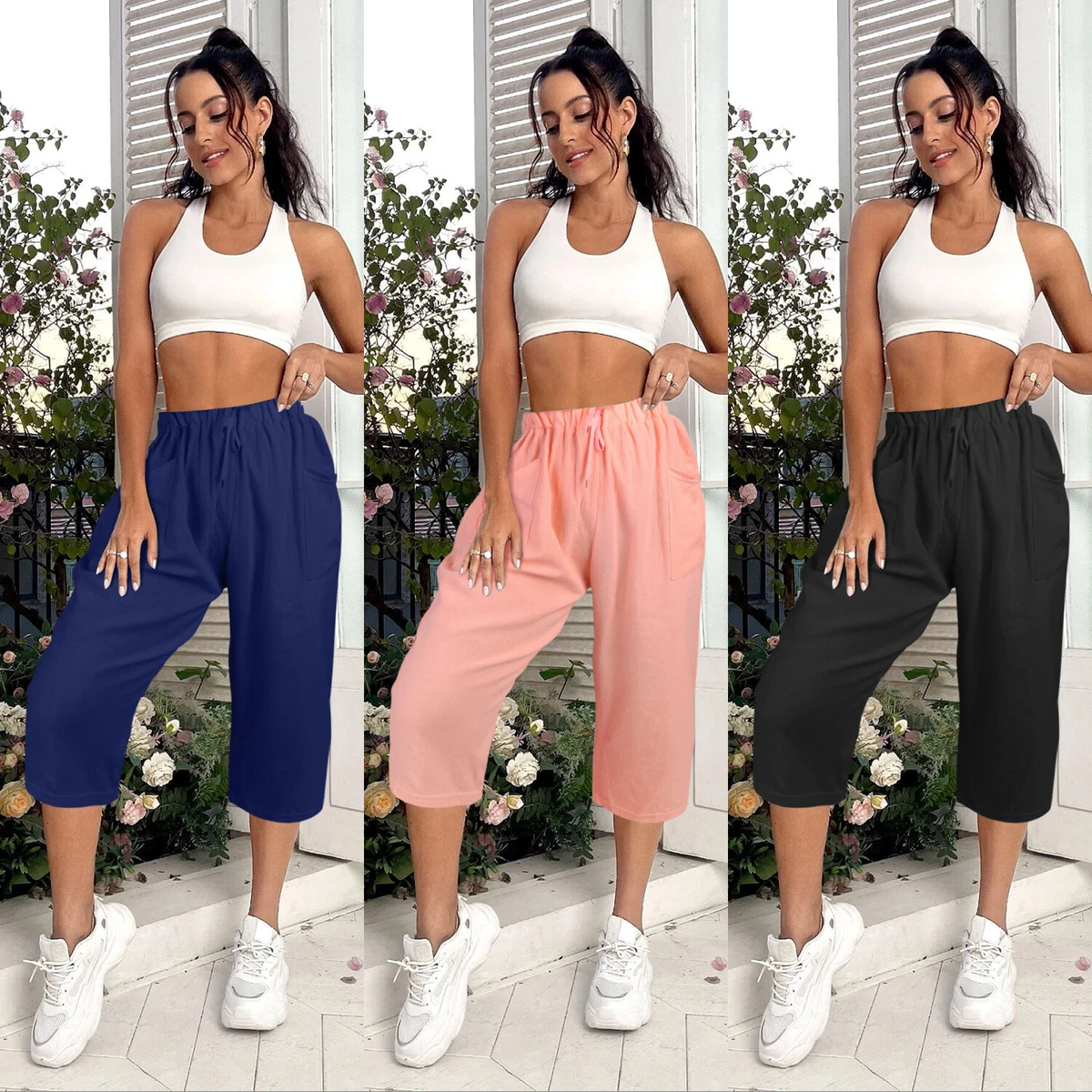 Womens Capri Pants Elastic Waist Drawstring Jogger Sweatpsnts Casual  Lightweight Cropped High Wasited Trousers with Pockets