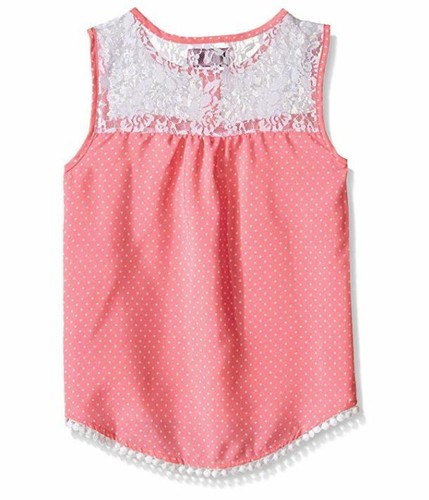 Dream Star Girls Little Tonal Dot Print Crepe Tank w Lace Yoke, Sand Pink, Lrg/6 - Picture 2 of 2