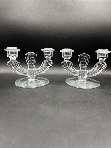 Vintage Tiffin Art Deco Elegant klar geätzt Doppelkandelaber/Kerzenhalter Paar