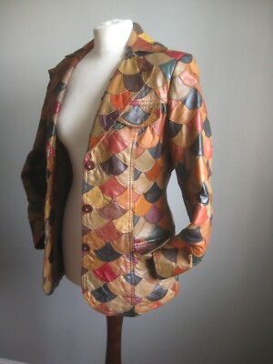VINTAGE LEDERJACKE BLAZER 10 8 Herbst Orange Patchwork Distress Boho Chic