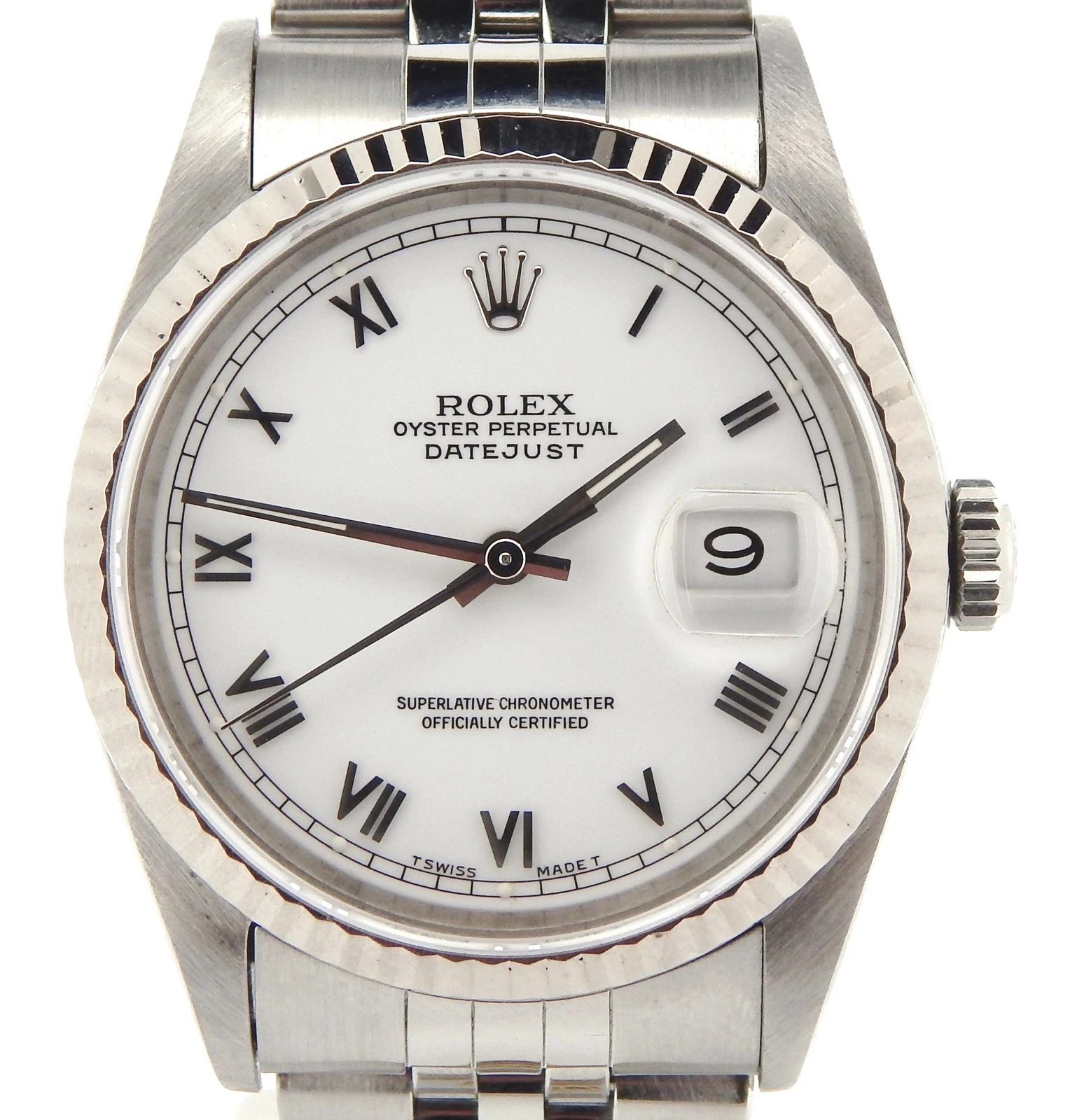 Rolex — Rolex Datejust Mens Stainless Steel & 18K White Gold w/ White Roman Dial 16234
