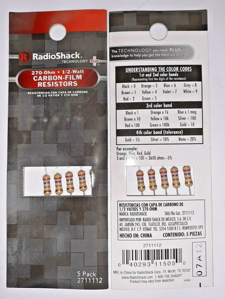 RADIOSHACK 270-OHM 1/2 WATT CARBON-FILM RESISTOR 2711112 5 PACK LOT OF 2 - Image 2 of 3