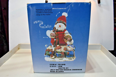 Jolly Motion Musical Snowman Plays 12 Songs on Violin Christmas 9'' x 6'' Vintage