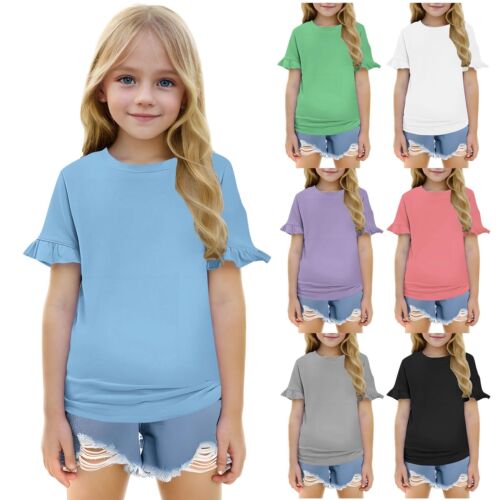Girls Ruffle Sleeve Shirts Summer Cute Crewneck Blouse Tops Top with Bow
