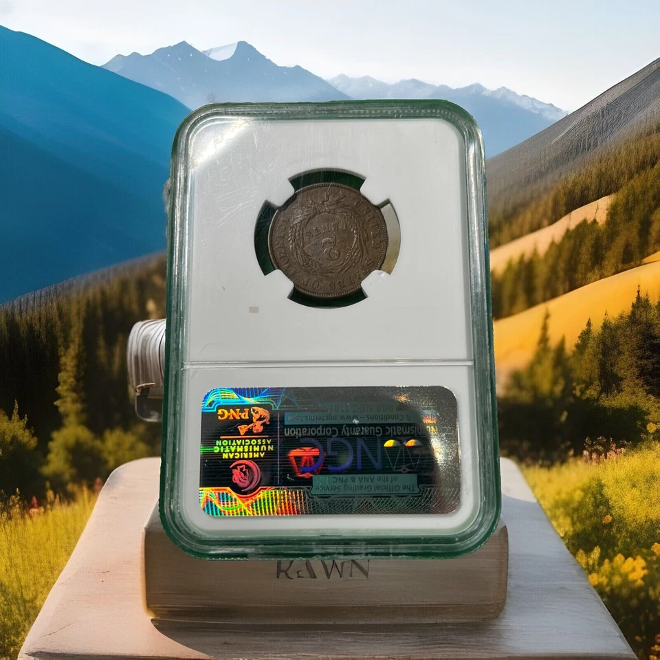 1864 2 Cent AU53 BN Large Motto Medallic Alignment Mint Error NGC Certified - Image 2 of 2