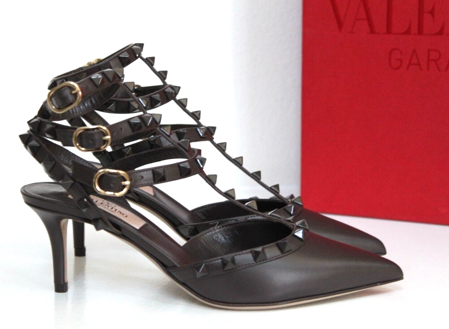 Valentino — New sz 6 / 36 Valentino Garavani Rockstud Brown T-Strap Pointed Toe Pump Shoes