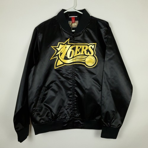 Philadelphia 76ers Mitchell & Ness NBA L Large Satin Jacket Black Zip Up NWT - Picture 2 of 8