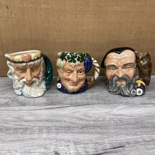3 Royal Doulton Character Toby Jug Miniature Neptune, Bacchus, Merlin 1958,59,60