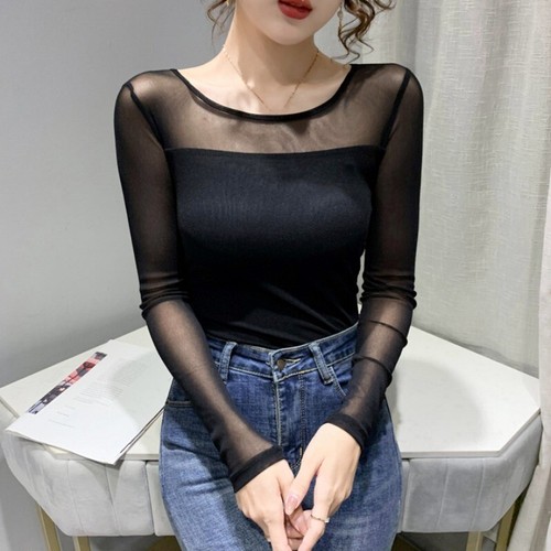 Mujeres Camisa de Empalme de Malla Transparente Manga Larga Base Ajustada Camiseta Prendas para el torso Blusa Inferior - Imagen 10 de 28