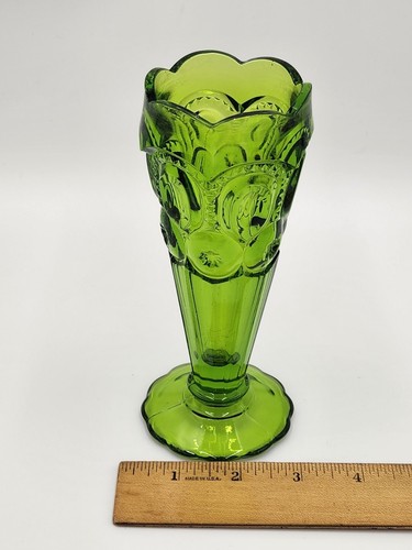 LE Smith Moon and Stars Green Glass Trumpet Vase 6.5" Tall - Picture 8 of 10