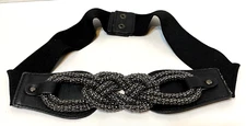 Vintage Womens Black Stretch Belt Silver Twisted Rope Metal Fashion Snap M to L