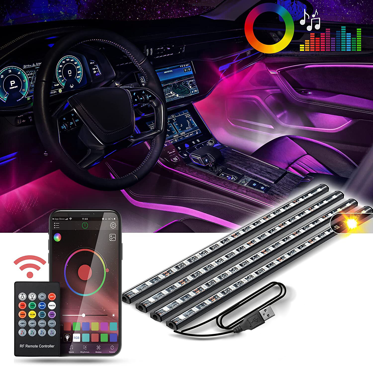 LED RGB Innenraumbeleuchtung Auto KFZ Ambiente Fußraumbeleuchtung App Control DE