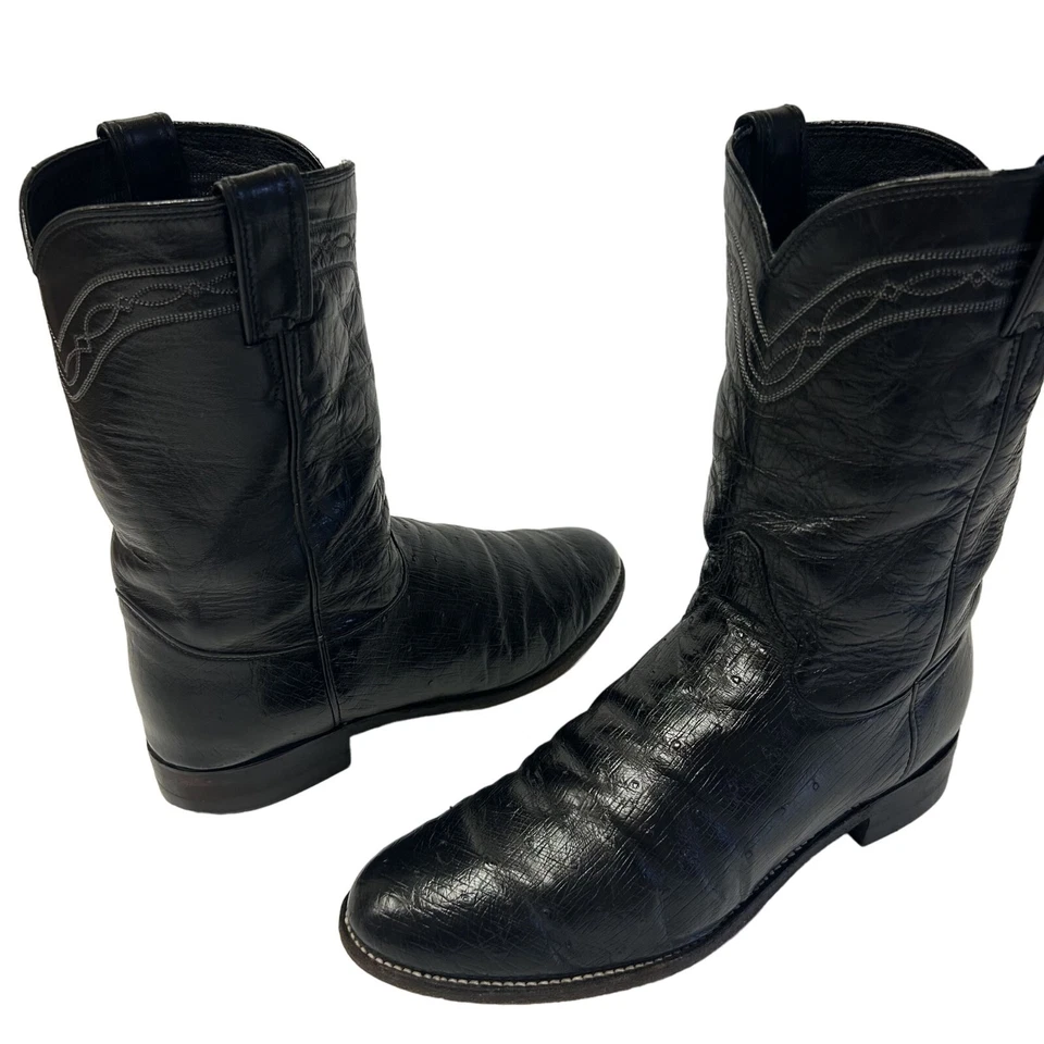 Botas vaqueras de cuero exóticas Justin negras de colección piel de avestruz lisas 9,5 EE Foto 2 de 4