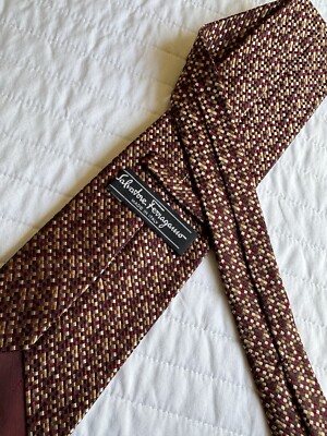 Salvatore Ferragamo Dark Brown Red & Orange Print Silk Neck Tie Mint!