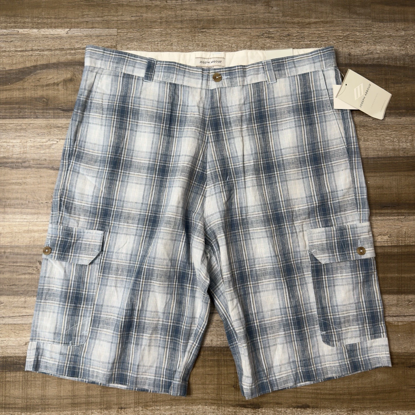 Joseph Abboud Linen Blend Cargo Shorts Mens 36 Blue Plaid