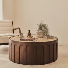 Beige Travertine Round Dark Wood Premium Coffee Table