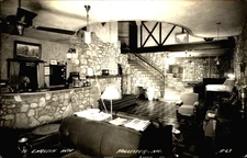 Ye English Inn ~ Hollister Missouri ~ RPPC real photo ~lobby field stone design