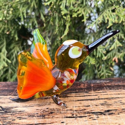 Orange Glass Hummingbird Figurine Blown Bird Sculpture Lucky Decor Gift
