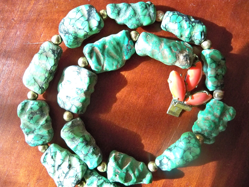 early vintage turquoise color stone necklace antique web nugget southwest retro