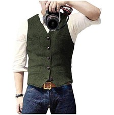 Mens Suit Vest Waistcoat Tweed Herringbone V Neck Slim Fit Button Army Green